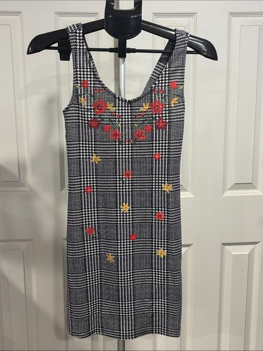 Derek Heart Black & White Mini Dress with Red&Yellow Floral Embroidery